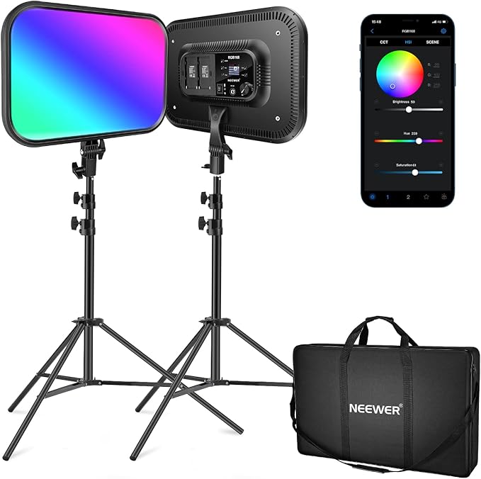 NEEWER RGB168 18.3" RGB LED Video Panel Light with App Control, Bluetooth, 2 Pack Tripod Stand Kit, 60W/360° Full Color/2500-8500K/CRI97+, Studio Photography/YouTube/Game Streaming