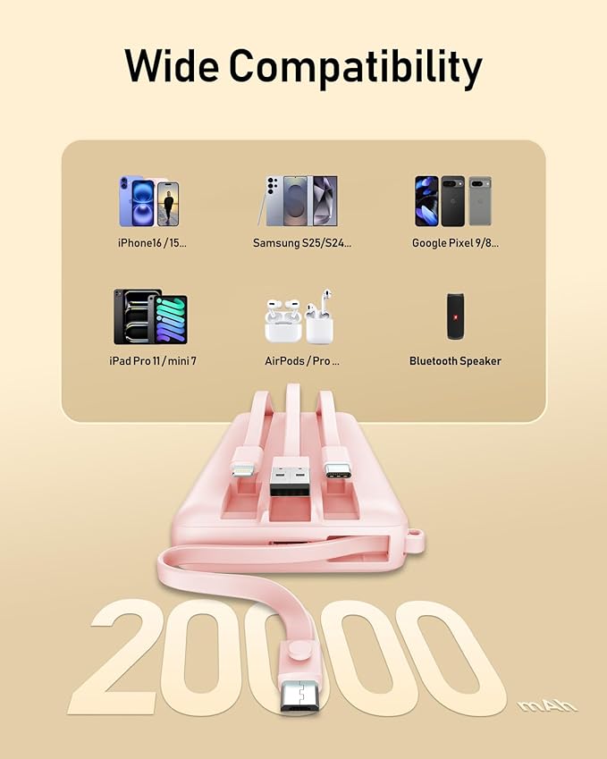 VEEKTOMX Portable Charger Built-in Cables, Power Bank for iPhone, Fast Charge USB C Battery Pack Travel Essentials Powerbank Compatible with iPhone 17/16/15/14, Samsung S25/24