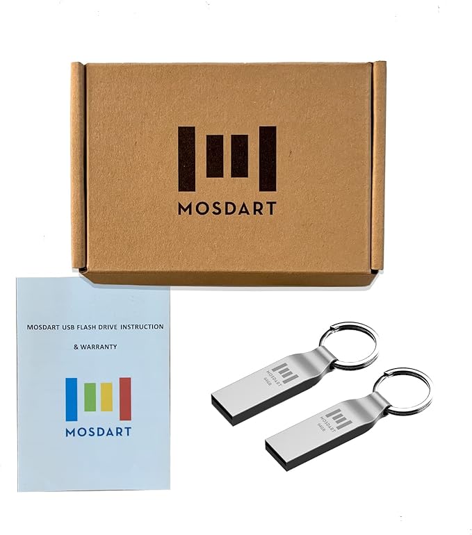 MOSDART Waterproof 64GB USB2.0 Flash Drive, exFAT Metal Memory Stick with Keychain, for System Back, Data Storage, Silver(Pack of 2)