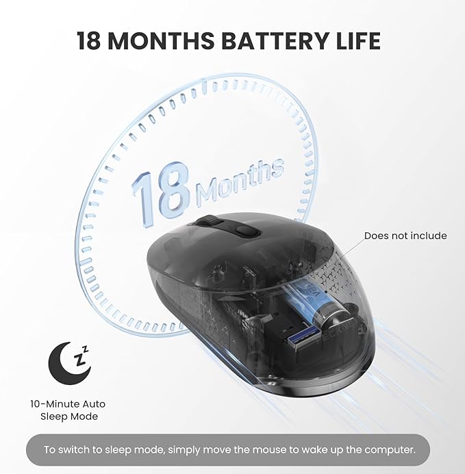 TECKNET Bluetooth Wireless Mouse, Bluetooth 5.2 & 2.4G USB-A Receiver, Compact & Portable, Silent Click, Ergonomic Symmetrical Design, 18-Month Battery, Adjustable DPI, Wide Compatibility - Black