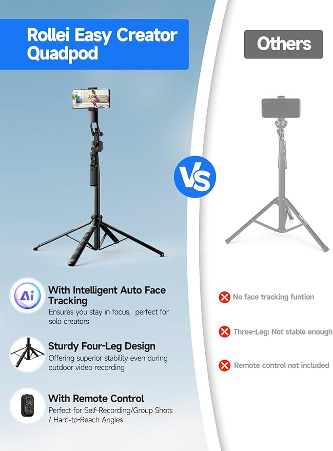 Rollei Auto Face Tracking Tripod, Smartphone Gimbal Stabilizer 64'' Selfie Stick Tripod Holder 360° Rotation for iPhone/Android Stand for Filming Streaming Tiktok Video Vlog