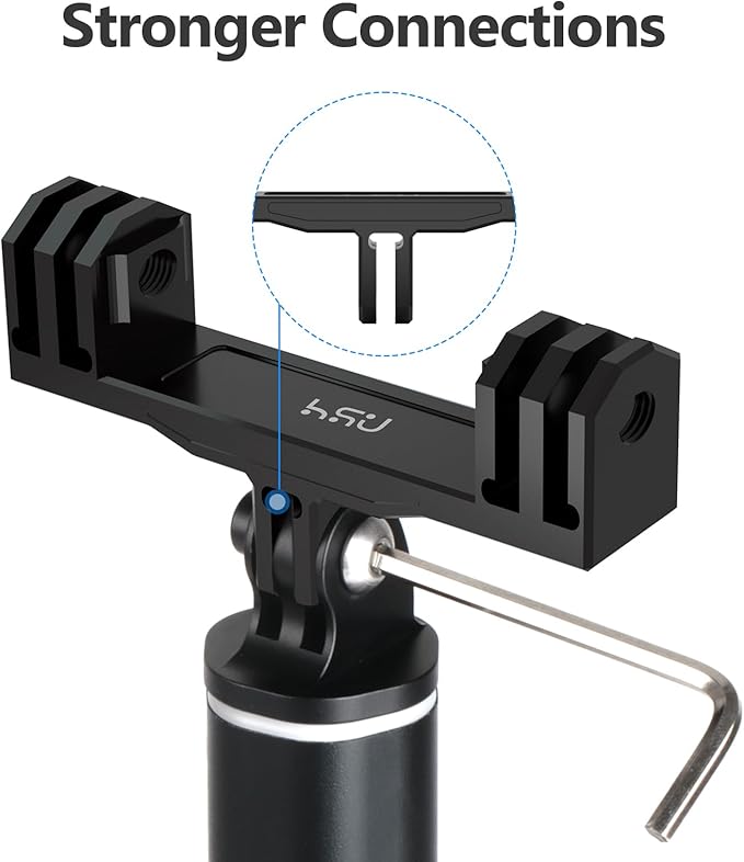 HSU Aluminum Dual Twin Mount Adapter for GoPro Hero 13/12/11/10/9/8/7/6/5/4 DJI Osmo Action AKASO Campark and Other Action Cameras