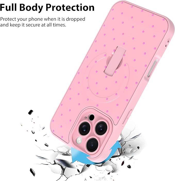 KANGHAR Compatible with iPhone 16 Pro Max Case, Support for MagSafe, Silicone Spot Cute Pattern, Wristband Kickstand Camera Protection Shockproof Soft Slim Cover for Girls Women, Pink