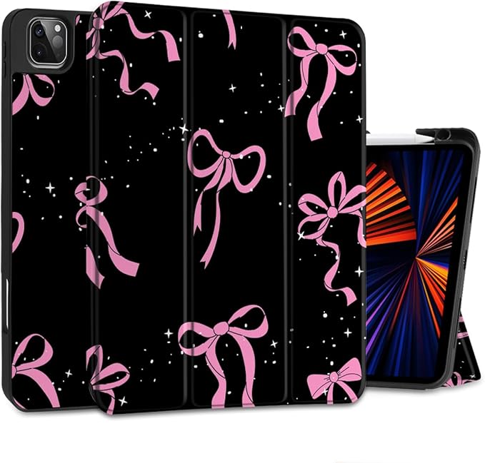 DONGKE Case for 2022/2021/2020/2018 iPad Pro 11 inch Gen 4/3/2/1 - Slim Protective Case - Built in Pencil Holder Support Charging - Trifold Stand & Sleep/Wake Cover - Bows & Stars