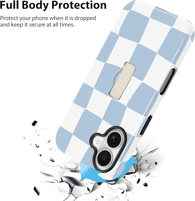 KANGHAR Compatible with iPhone 17 Case, Support for MagSafe, Silicone Checkered Cute Pattern, Finger Hold Wristband Kickstand Camera Protection Soft Slim Phone Case for Girls Women -Light Blue