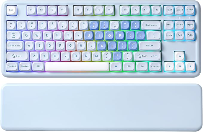 YUNZII B87 Wireless Mechanical Keyboard,QMK/VIA Programmable,TKL Layout 87 Keys,BT/2.4G/USB-C,Hot Swap Gasket Mount RGB Backlit Gaming with Wrist Rest for Win/Mac (Blue Heart, Cocoa Cream V2)