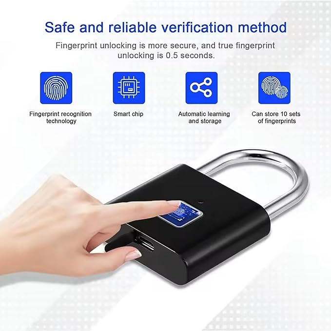 HIFAM Fingerprint Padlock, Keyless Biometric Gate Locks for Outdoor Fence Storage Gym, Smart Lock with USB Rechageable (Black)