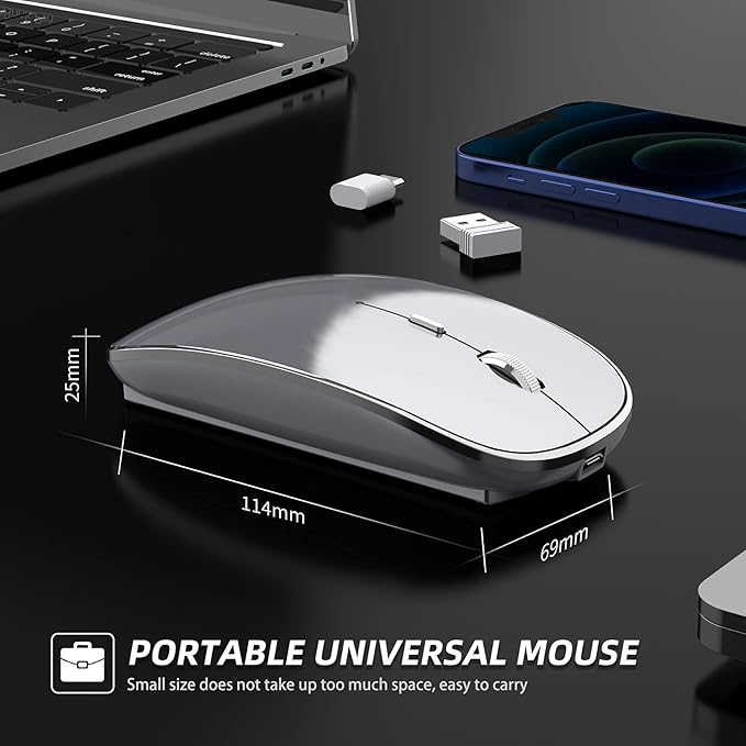 Halpilt Wireless Mouse Chargeable Portable Silent USB and Type-C Dual Mode Wireless Mouse 3 Adjustable DPI for Laptop, Mac, Android, PC (Q23S Black) (Grey)