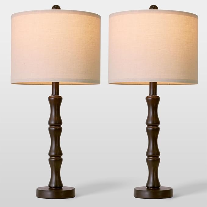 BOBOMOMO 25" Classic Table Lamps Set of 2, Farmhouse Nightstand Lamps with Dark Brown Resin Base & Linen Shade, Standard Table Lamps for Bedroom, Living Room, Hallway & House Décor