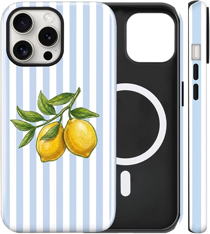 Magnetic for iPhone 14 Pro Case Cute Lemon Stripes Phone Case, Shockproof Slim TPU and Hard PC Protective Phone Cover Compatible with MagSafe Designed for Women Girls, Blue