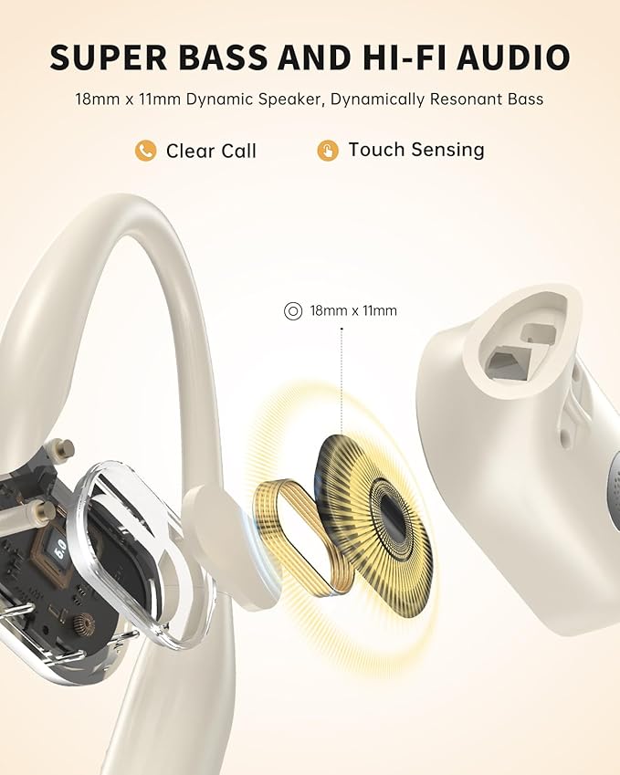 Open-Ear Headphones, Over Ear Earbuds with Ear Hooks, True Wireless Bluetooth Earphones with Microphone, Touch Control, Clear Calls, 60H Playtime, IPX7 Waterproof for Running and Workouts