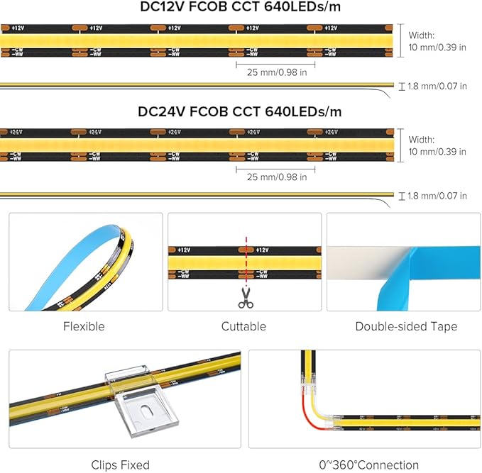 BTF-LIGHTING FCOB CCT COB LED Strip Tunable 2700K-6500K DC12V 2X16.4FT Total 32.8FT 640LED/m CRI 90+ Flexible High Density Dimmable LED Light for Home Indoor Decor(No Adapter or Controller)
