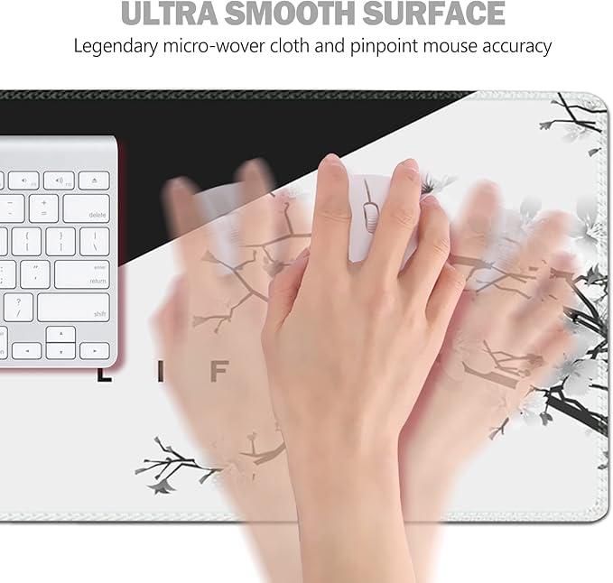 AIMSA Extended Gaming Mouse Pad, XL Large Keyboard Mouse Mat Desk Pad with Stitched Edges, Durable Non-Slip Base Mousepad for Home Office, 35x15.7inch, Black White Cherry Blossom