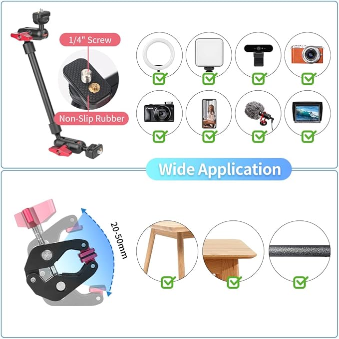13"/34cm Magic Arm w Clamp, Camera Mount & Clamp w 1/4" 3/8" Threads and Articulating Friction Magic Arm, Overhead Phone Mount, Camera Boom Arm Mount for Light Webcam Mic Action Camera Monitor