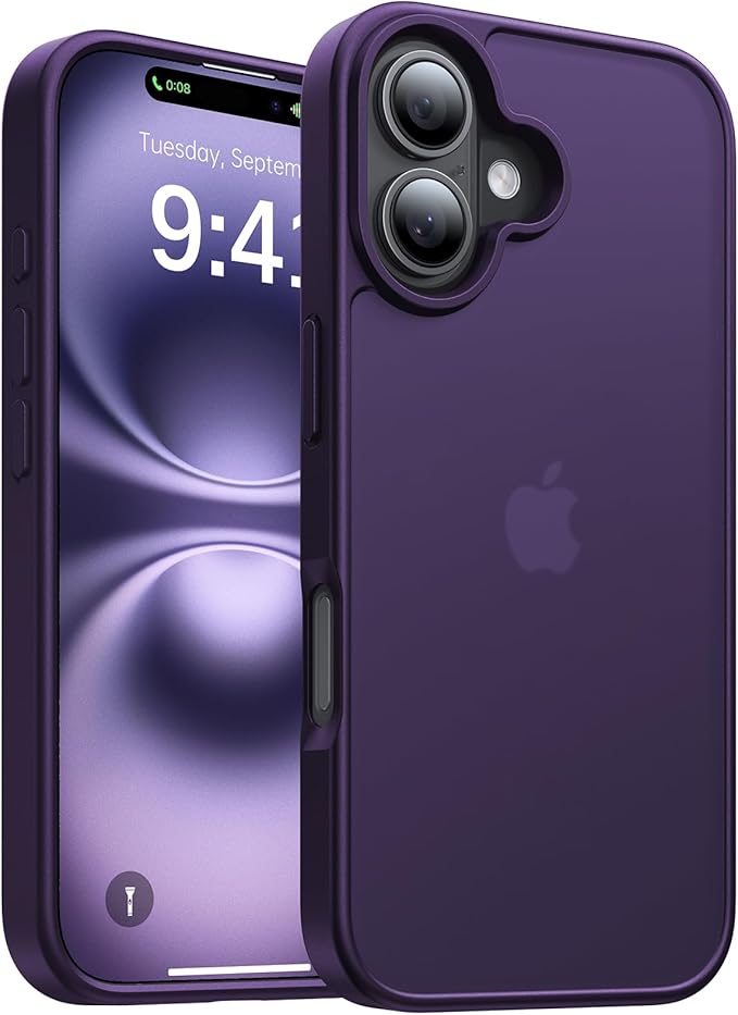 for iPhone 16 Case, [Military-Grade Drop Protection][Anti-Yellowing] Shockproof Protective Translucent Matte Cover for iPhone 16 Phone Case,Dark Purple
