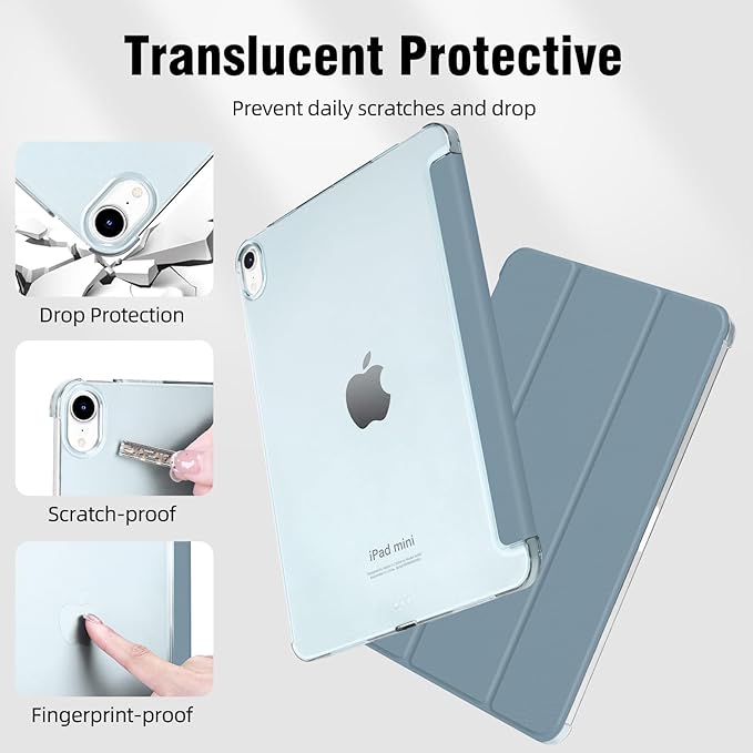 Case for iPad mini 7 (A17 Pro), Slim Smart Trifold Stand for iPad mini 7th/6th Generation 8.3 Inch 2024/2021, Hard PC Translucent Frosted Back Shell Case with Auto Wake/Sleep, Misty Blue