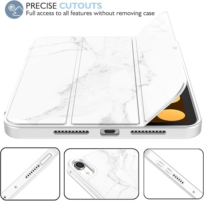 iMieet iPad mini 7 Case 2024 (A17 Pro), iPad mini 6 Case (8.3-Inch,2021 Model), iPad mini 7th/6th Generation Case with Pencil Holder, Trifold Stand Smart Case with Soft TPU Back,Marble White