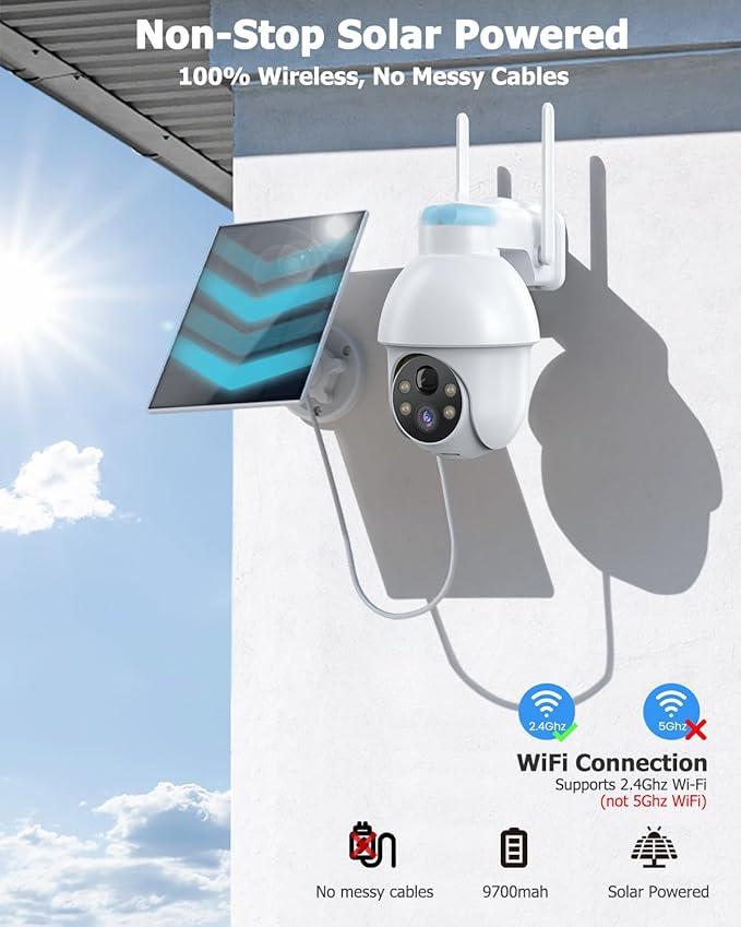 Security Camera Wireless Outdoor, 2K Solar Security Camera,Battery Powered 360°PTZ Outdoor Camera,Color Night Vision,2-Way Audio,PIR Motion Detection,Compatible with Alexa