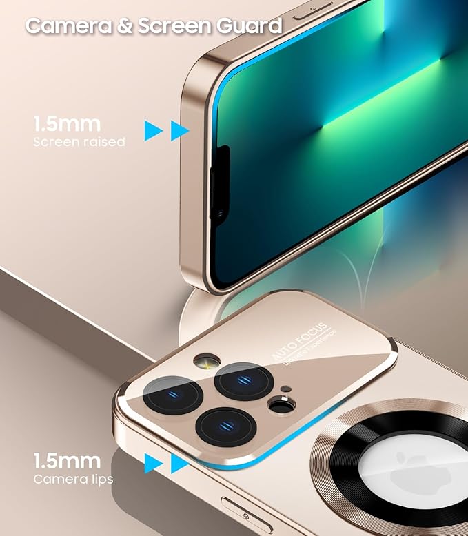 MAKAVO Magnetic for iPhone 13 Pro Max Case, Compatible with MagSafe, Built-in Camera Lens Protector, Logo View, Military Grade Drop Proof Phone Case Cover, Desert Titanium