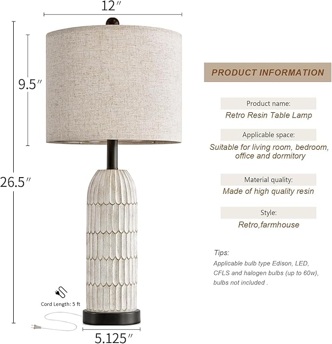 OYEARS 26.5" Bedside Table Lamps Set of 2, Farmhouse Table Lamp with USB A+C Charging Ports,Vintage Nightstand Lamp for Bedrooms and Living Rooms, Retro Resin End Table Lamp with Linen Shade,Black