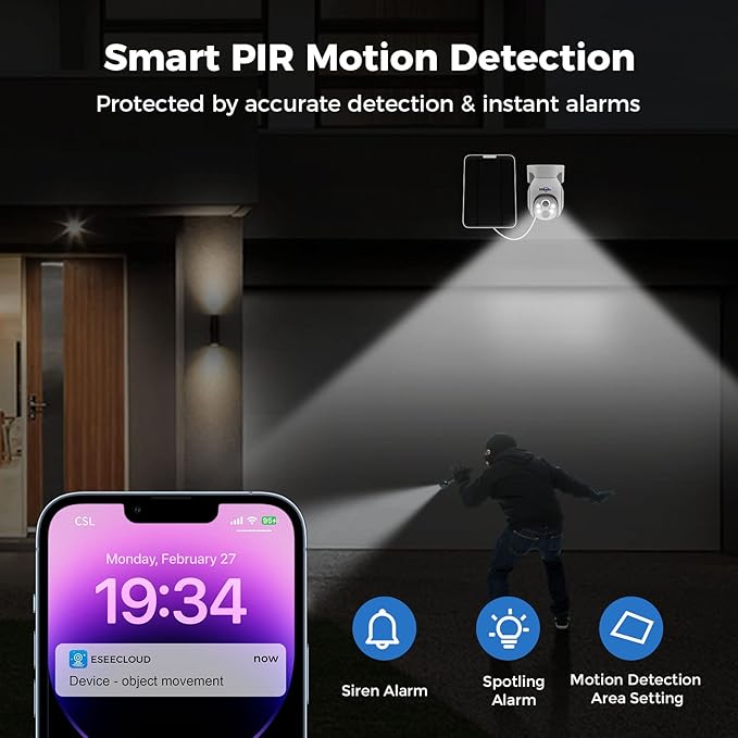 Hiseeu Solar Security Camera Outdoor, 4MP Wireless WiFi Camera, PTZ 360° View, PIR Motion Detection, Color Night Vision, IP66, 2-Way Audio, Compatible with Alexa (2PCS)