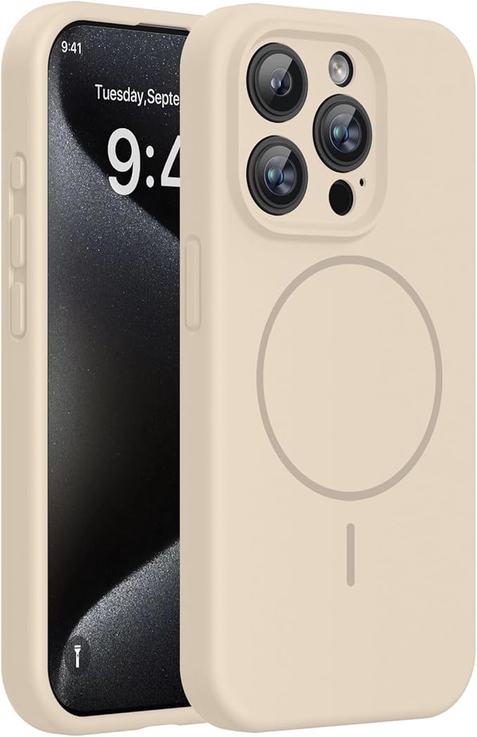 Miracase Magnetic for iPhone 15 Pro Case, [Soft Anti-Scratch Microfiber Lining], Magnetic for MagSafe, Liquid Silicone Shockproof Drop Protection Phone Case for 15 Pro, Sand