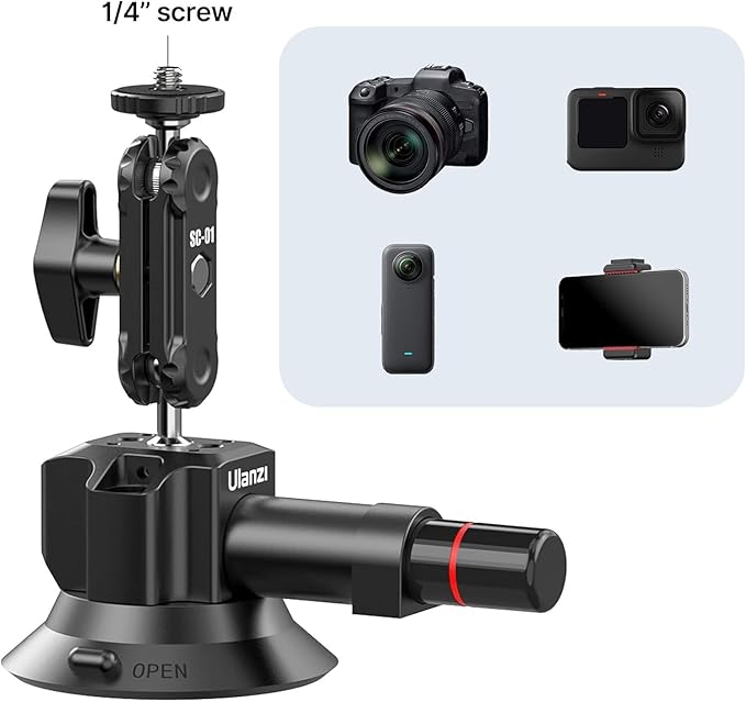 UURig SC-01 Suction Mount 3" for Vlogging Action Camera Car w Smartphone Clamp Compatible with DJI OSMO Pocket 3/Pocket 4/OSMO 360/Insta 360 x5/Xtra/iPhone 17 16 15 14,1/4" Magic Arm Windshield Window