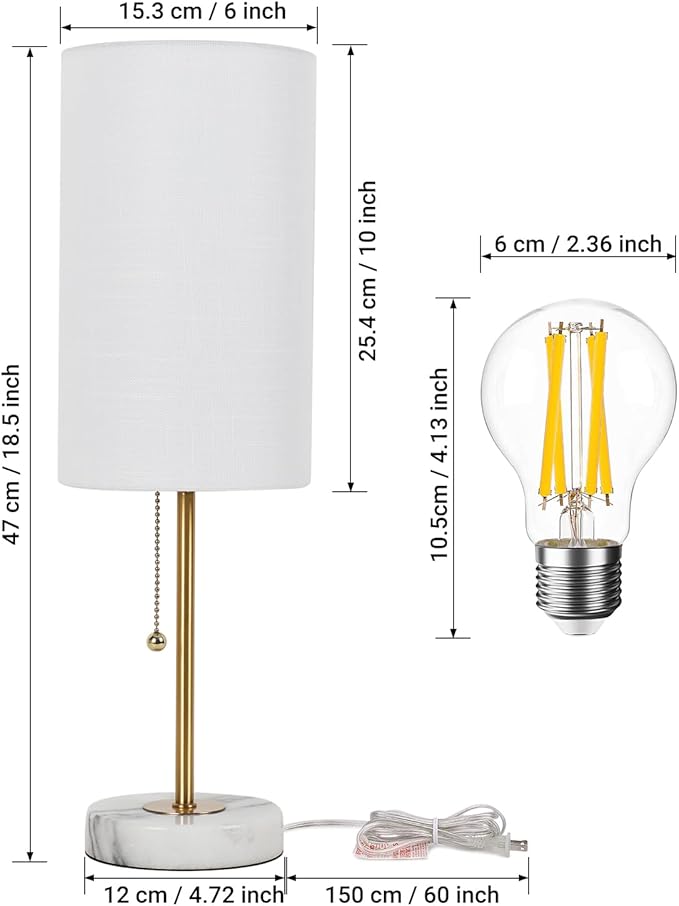 JUNNAI Table Lamps Set of 2, Gold Bedside Lamps, 3 Way Dimmable Nightstand Lamps with Marble Base & Linen Shade &Pull Chain,18.5 Inches Tall Skinny Desk Lamps for Bedroom Living Room(Bulbs Included)