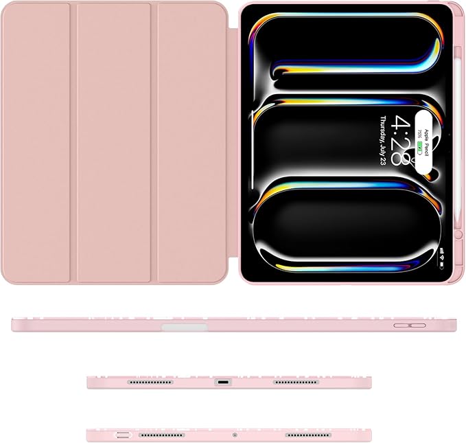 Soke Case for New iPad Pro 13 Inch (M5/M4, 2025/2024 Release), with Pencil Holder Trifold Stand Shockproof [Support Apple Pencil Charging + Auto Wake/Sleep], Soft TPU Back Cover, Book Pink