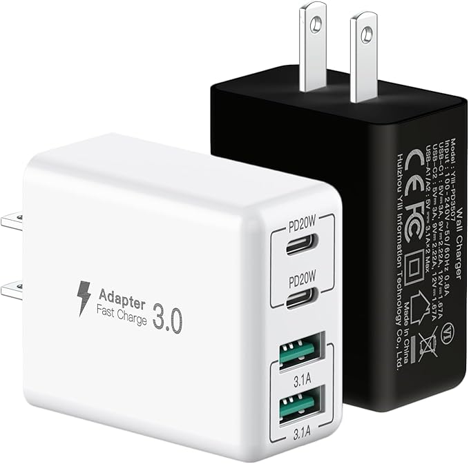 [2 Pack] USB C Wall Charger, 40W 4-Port USB C Charger Block,Fast Charging Block Dual Port PD+QC Wall Plug Multiport Type C Compatible with iPhone 14/13/12/11/Pro Max/XS/XR/Samsung S23/S22/S21/Tablet
