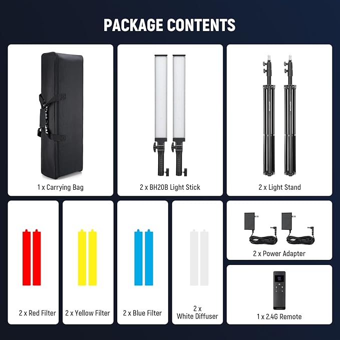 NEEWER Upgraded LED Video Light Stick & 2.4G Remote Kit, 2 Pack Handheld Dimmable 3200K~5600K CRI97+ Video Lighting with Stands/Filters/Bag for YouTube Video Recording Photography Gaming, BH20B Silver