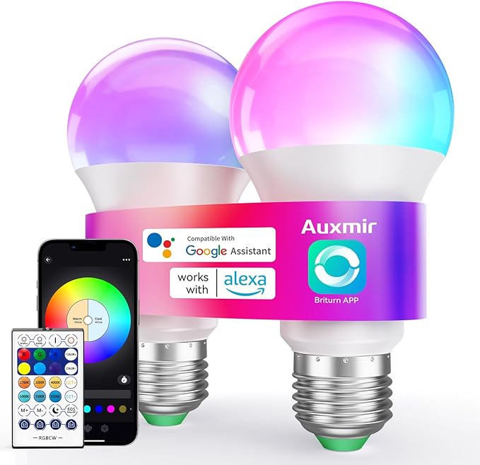 Auxmir Smart Light Bulbs with Remote, RGB+CCT Color LED Light Bulbs Work with Alexa & Google Home, Multiple Scene and Music Sync Light Bulb, A19 9W 800LM, WiFi Bluetooth 2.4GHz No Hub Required, 2-Pack