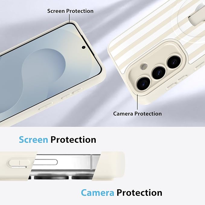 KANGHAR Compatible with Samsung Galaxy S25 Case, Support for MagSafe, Silicone Stripes Cute Pattern, Wristband Kickstand Camera Protection Soft Slim Cover for Girls Women -White