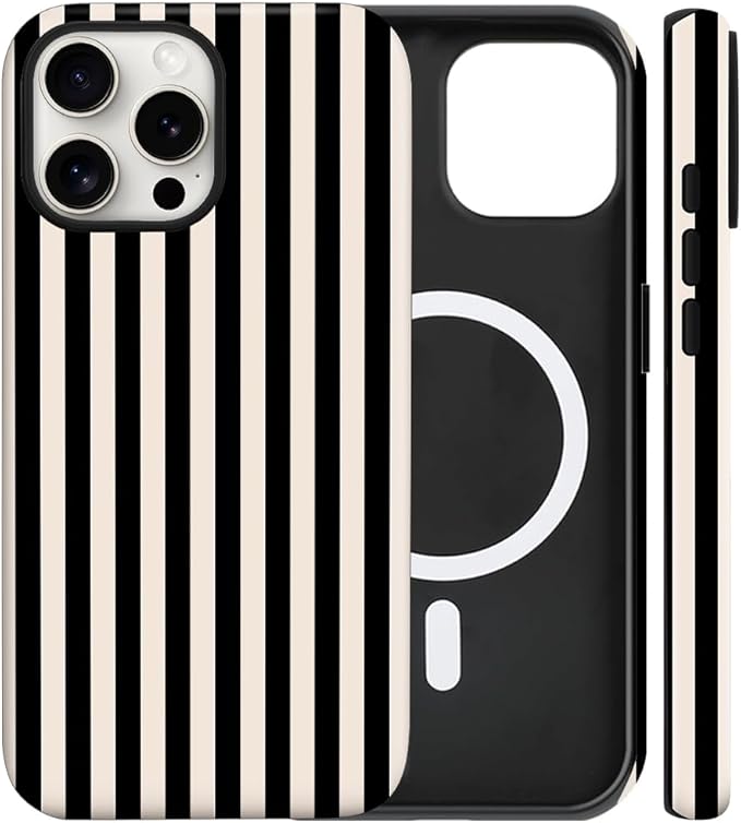 Magnetic for iPhone 15 Case Cute Stripes Phone Case, Shockproof Slim TPU and Hard PC Protective Phone Cover Compatible with MagSafe Designed for Women Girls, Black and White