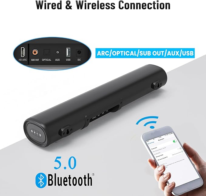 LITTOAK Sound Bar for TV, BT 5.0 Soundbar, 50 Watt 16 Inch Soundbars for Home Audio, Gaming, Projectors, TV Speakers Supports HDMI ARC/Optical/RCA/USB/AUX in and Sub Out Connection, Wall Mountable