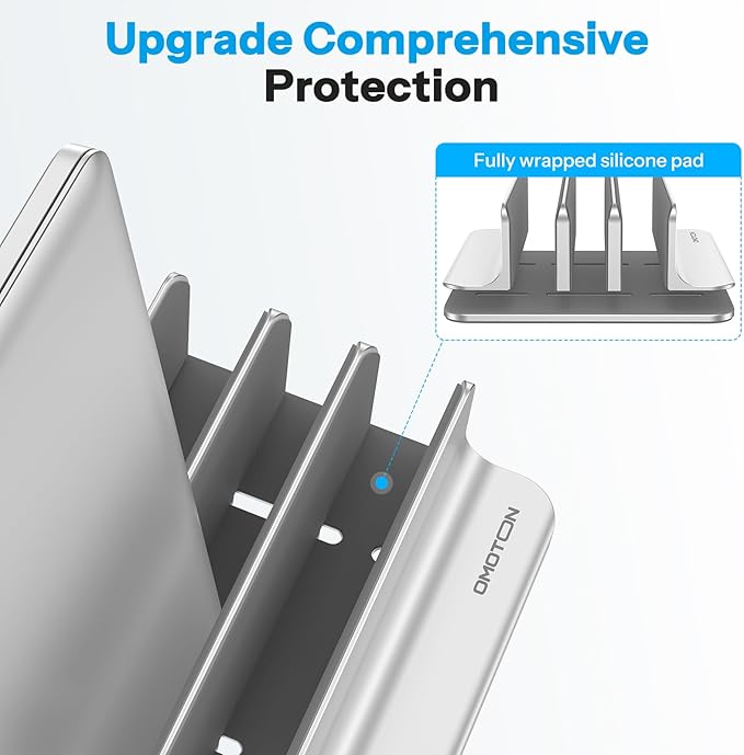 OMOTON Vertical Laptop Stand [Updated 3-Slots Version], Desktop Aluminum Mac Book Stand with Adjustable Dock Size, Fits All Mac Book, Chrome Book and Gaming Laptops (Up to 17.3 inch), Bright Silver