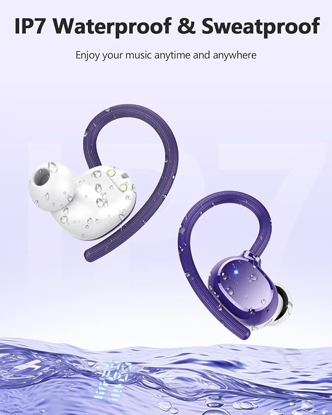 hadbleng Wireless Bluetooth Earbuds Sport 128H Playtime Bluetooth 5.3 Headphones with LED Display Powerful Bass Over Ear Earphones with Earhooks IP7 Waterproof