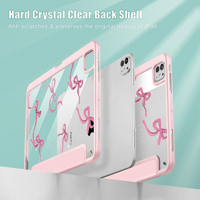 May Chen for iPad Pro 13 Inch Case M5 2025 / M4 2024, Built Pencil Holder & Clear Transparent Print Back Shell Slim Stand Shockproof Tablet Cover, Auto Wake/Sleep, Pink Bows