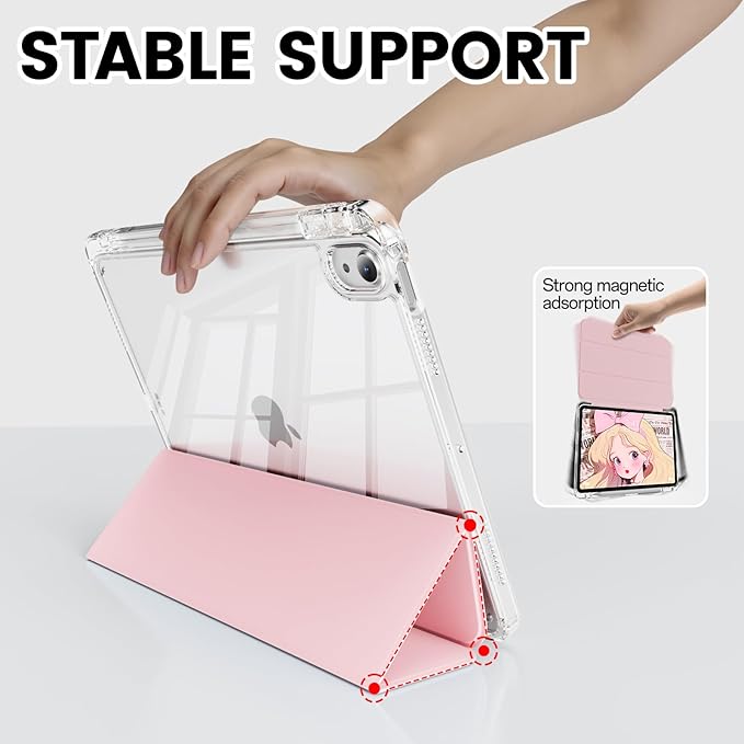 Clear Case for iPad mini 7 A17 Pro 8.3 Inch, iPad mini 7th/6th Generation Case (2024/2021),Slim Shockproof Transparent Back,Y-Shaped Mutil Angles Folding,Supports Pencil Pro&USB-C (Pink)