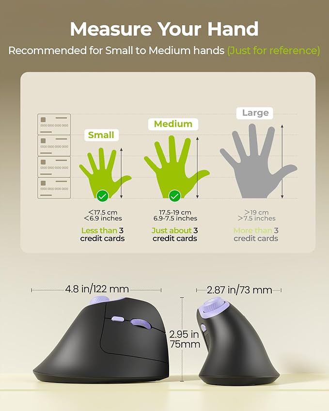 seenda Ergonomic Mouse Wireless, MOU-302 Bluetooth Vertical Mouse Rechargeable, Volume Knob, Silent Mice & 1000/1600/2400 DPI, 3 Multi-Device Connection for Windows/PC/Laptop/Mac/MacBook, Black Purple