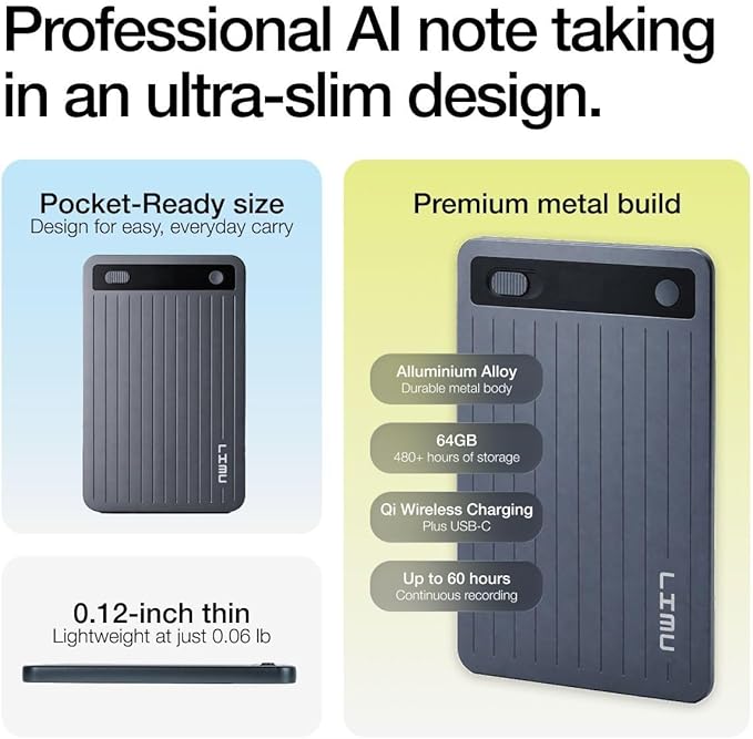 LIMU AI Voice Recorder, German Design AI Note Taking Device with GPT-5.5, Wireless Charging Audio Recorder, Transcribe, Summarize, MindMap, 125 Language, AI Assistant for Meetings, Calls, Lectures