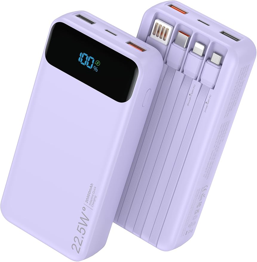Portable Charger, 20000mAh 22.5W Fast Charging Power Bank with 4 Built-in Cables, Travel Essentials External Battery Pack with LED Display, 6 Outputs Charging Bank for iPhone, iPad, Samsung etc Purple