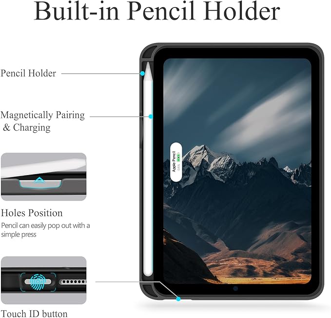 auaua Case for iPad mini 7 (A17 Pro), iPad mini 7th/6th Generation (2024/2021 8.3-inch), with Front Pocket Pencil Holder, Typing Angle Muti-Stand Magnetic Closure Auto Sleep/Wake (Black)