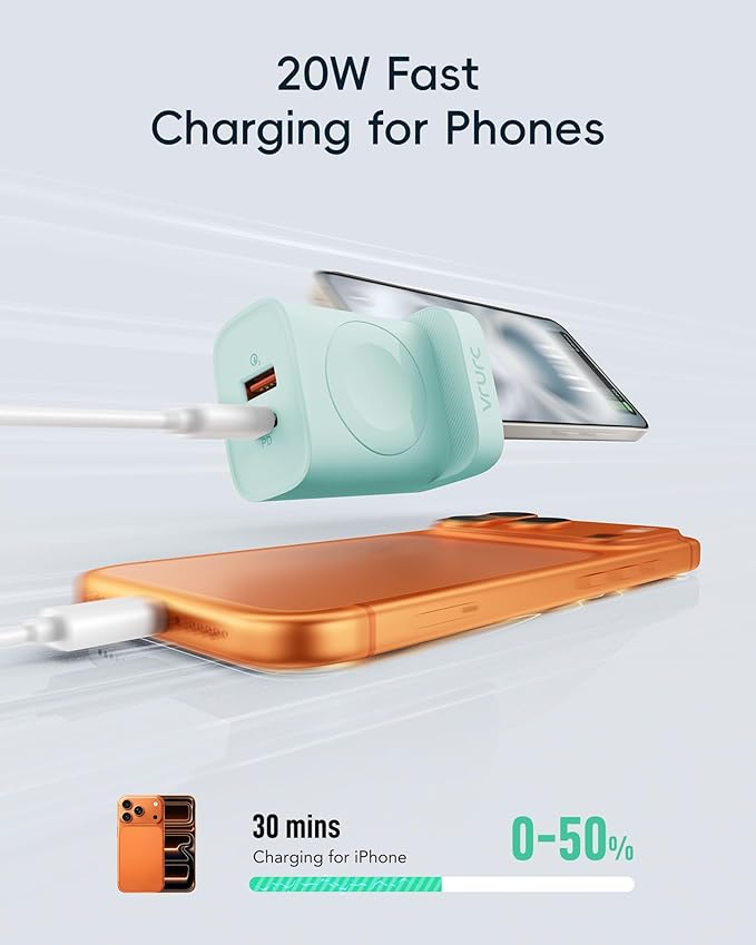 VRURC Charger for Apple Watch, Built-in Wireless Magnetic Charging Station for iWatch SE/11/10/9/8/7/6/5/4, PD 20W USB C Charging Block, Foldable Wall Charger Fast for iPhone 17/16/15/14/13-Green