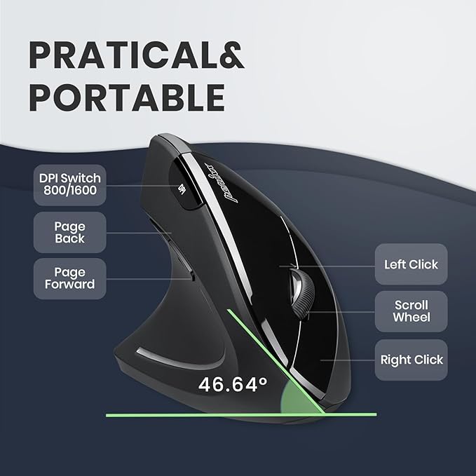 Perixx PERIMICE-713L, Wireless Ergonomic Left Handed Vertical Mouse, 6 Buttons Design, 3 Level DPI, Black, Medium
