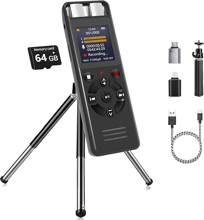 64GB Digital Voice Activated Recorder for Lectures&Meetings,Phone Connected via OTG,4640 Hours Audio Recorder with Tripod Stand,Recording Device with Playback,MP3 Player,Password,Variable Speed