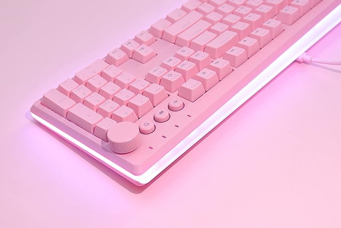 i-rocks K71M RGB Mechanical Gaming Keyboard with Media Control Knob, Switches (Red), 107 Keys w/Full NKRO, PBT Keycaps, Multimedia Hotkeys, Detachable USB-C Cable and Onboard Storage, Pink