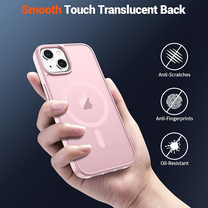 SUPFINE Magnetic for iPhone 14 Case & iPhone 13 Case (Compatible with MagSafe)(Military Grade Drop Protection) Translucent Matte Shockproof Phone Cover,Light Pink