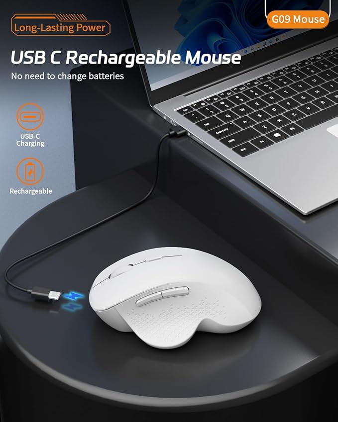 Uiosmuph G09 Bluetooth Wireless Mouse, BT5.1 & 2.4Ghz Rechargeable Computer Mouse with USB Receiver and Type C Adapter, Ergonomic Bluetooth Mice for Laptop, iPad, Mac - White