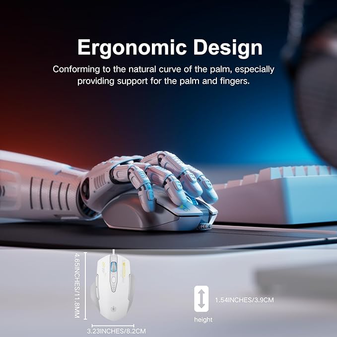 Uineer Wired Mouse, 4 Levels Adjustable DPI, 6 Programmable Buttons, Ergonomic Computer Wired Mouse for PC Laptop Computer for Working and Gaming - Plug & Play (White)